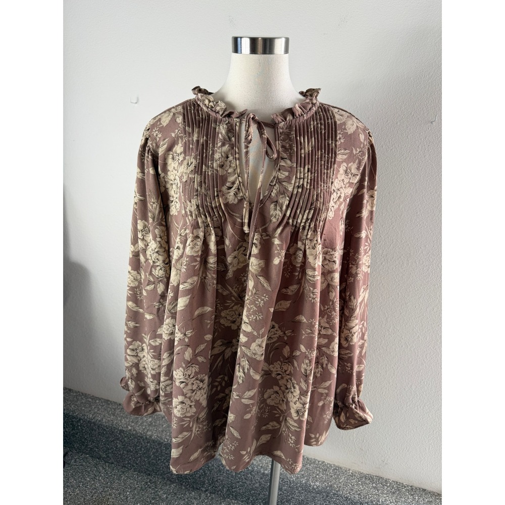 NEW Torrid Womens 12 Air Flow Peasant Chic Floral Deep Taupe Long Sleeve Blouse